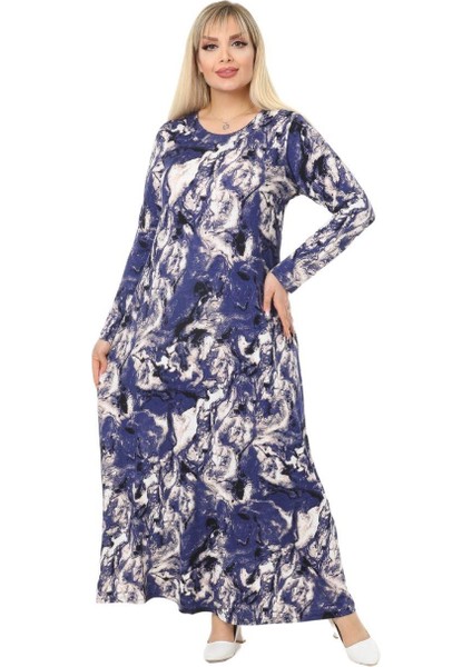 Butik Mavi Batik Desen Kollu Kadın Uzun Tesettür Elbise modelleri