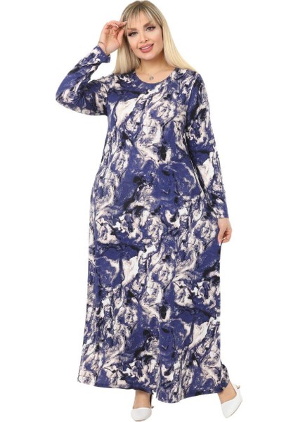 Butik Mavi Batik Desen Kollu Kadın Uzun Tesettür Elbise fırsatları