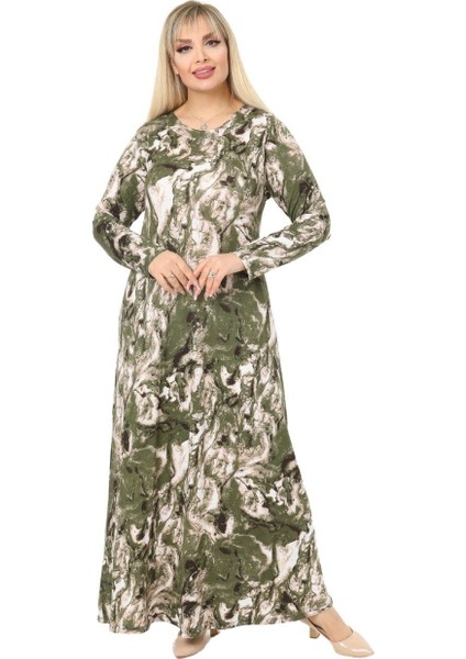 Butik Yeşil Batik Desen Kollu Kadın Uzun Tesettür Elbise