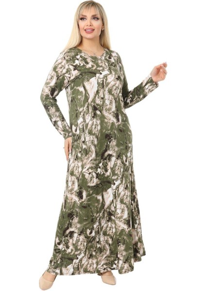 Butik Yeşil Batik Desen Kollu Kadın Uzun Tesettür Elbise modelleri