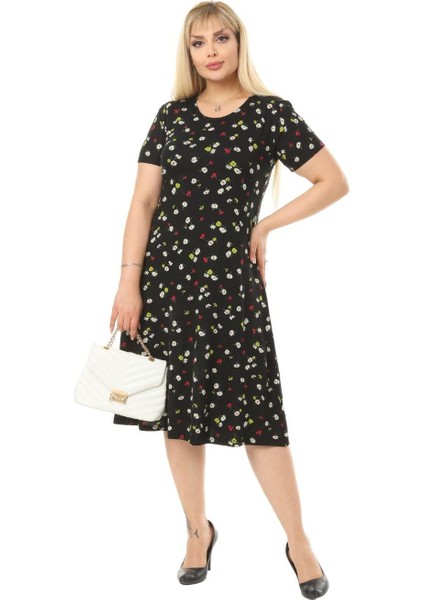 Butik Siyah Papatya Desenli Kısa Kollu Büyük Beden Midi Elbise