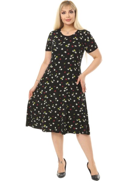 Butik Siyah Papatya Desenli Kısa Kollu Büyük Beden Midi Elbise