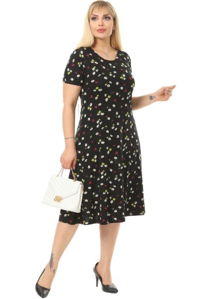 Butik Siyah Papatya Desenli Kısa Kollu Büyük Beden Midi Elbise