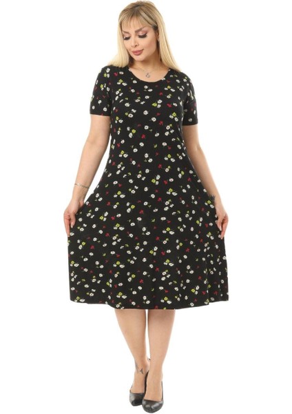 Butik Siyah Papatya Desenli Kısa Kollu Büyük Beden Midi Elbise