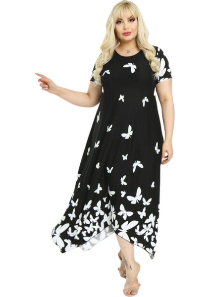 Butik Kelebek Desen Asimetrik Kısa Kollu Uzun Elbise