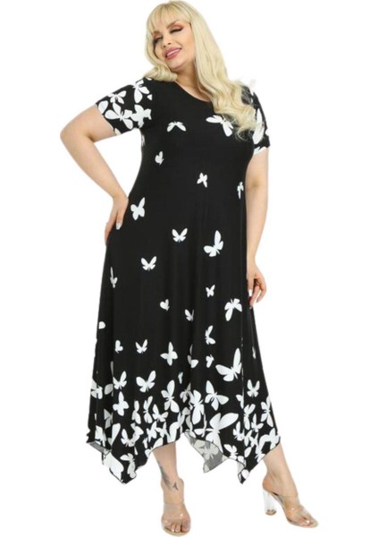 Butik Kelebek Desen Asimetrik Kısa Kollu Uzun Elbise