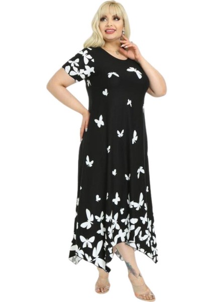 Butik Kelebek Desen Asimetrik Kısa Kollu Uzun Elbise