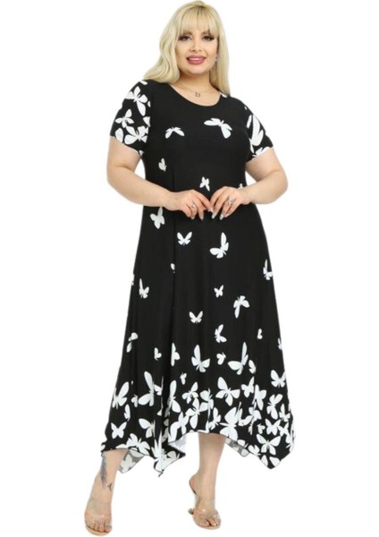 Butik Kelebek Desen Asimetrik Kısa Kollu Uzun Elbise