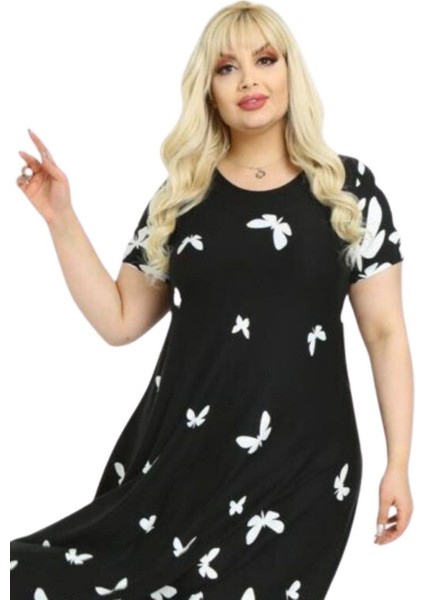Butik Kelebek Desen Asimetrik Kısa Kollu Uzun Elbise