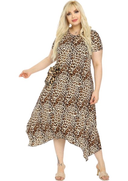 Butik Küçük Leopar Desen Asimetrik Kısa Kollu Uzun Elbise fırsatları