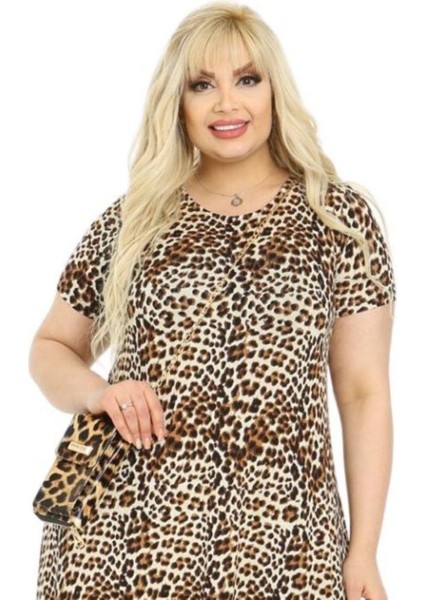 Butik Küçük Leopar Desen Asimetrik Kısa Kollu Uzun Elbise indirimleri