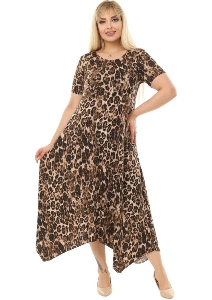 Butik Büyük Leopar Desen Asimetrik Kısa Kollu Uzun Elbise