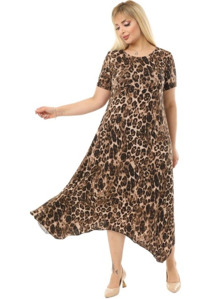 Butik Büyük Leopar Desen Asimetrik Kısa Kollu Uzun Elbise modelleri