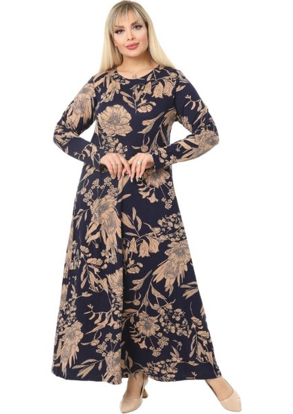 Butik Lacivert Yaprak Desen Kollu Kadın Uzun Tesettür Elbise