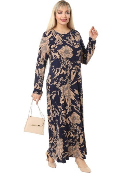 Butik Lacivert Yaprak Desen Kollu Kadın Uzun Tesettür Elbise modelleri