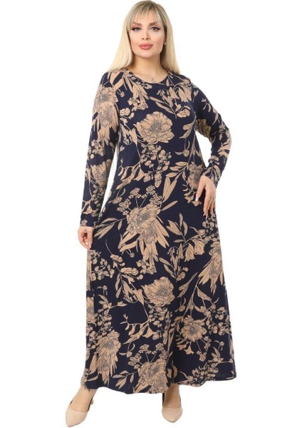 Butik Lacivert Yaprak Desen Kollu Kadın Uzun Tesettür Elbise fırsatları