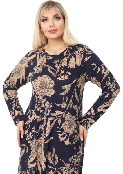 Butik Lacivert Yaprak Desen Kollu Kadın Uzun Tesettür Elbise indirimleri