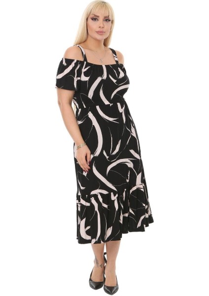 Butik Siyah Tüy Desen Askılı Madonna Yaka Midi Elbise