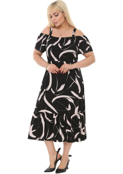 Butik Siyah Tüy Desen Askılı Madonna Yaka Midi Elbise
