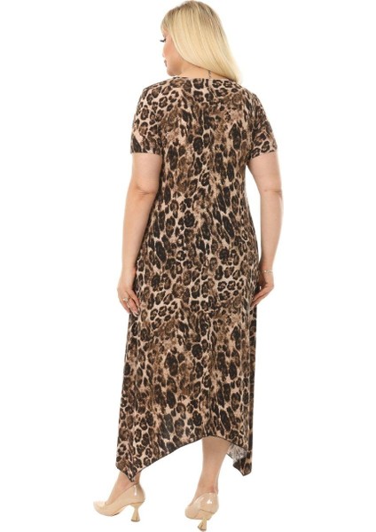 Butik Büyük Leopar Desen Asimetrik Kısa Kollu Uzun Elbise indirimleri