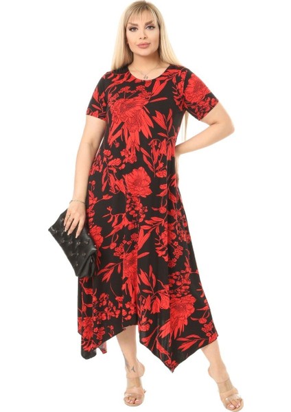 Butik Kırmızı Palmiye Desen Asimetrik Kısa Kollu Uzun Elbise
