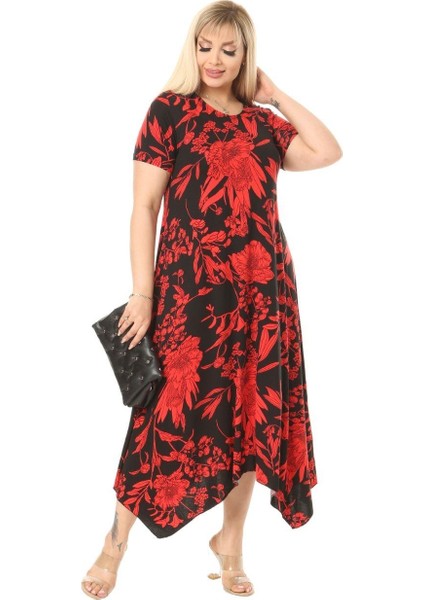 Butik Kırmızı Palmiye Desen Asimetrik Kısa Kollu Uzun Elbise fiyatları
