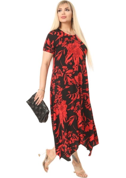 Butik Kırmızı Palmiye Desen Asimetrik Kısa Kollu Uzun Elbise modelleri