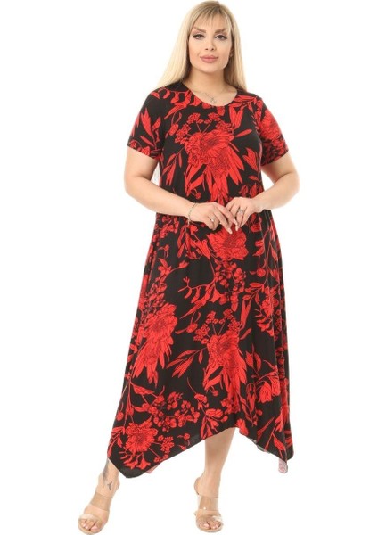 Butik Kırmızı Palmiye Desen Asimetrik Kısa Kollu Uzun Elbise fırsatları