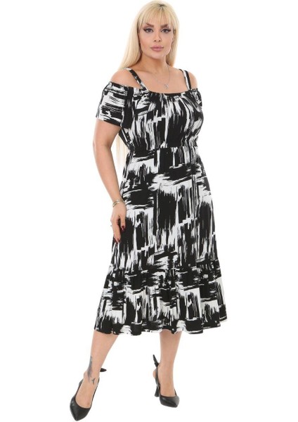 Butik Siyah Fırça Desen Askılı Madonna Yaka Midi Elbise
