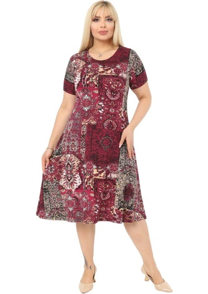 Butik Bordo Etnik Desen Kısa Kollu Büyük Beden Midi Elbise