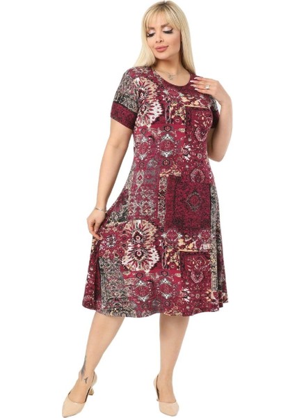 Butik Bordo Etnik Desen Kısa Kollu Büyük Beden Midi Elbise fiyatları