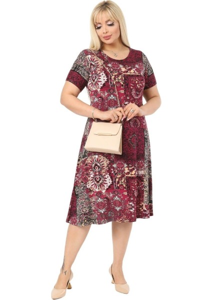 Butik Bordo Etnik Desen Kısa Kollu Büyük Beden Midi Elbise modelleri