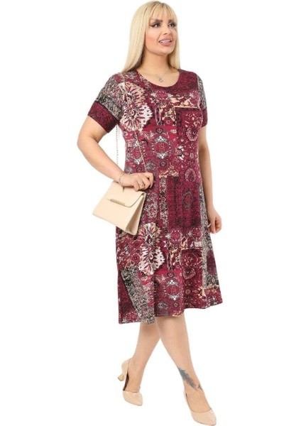 Butik Bordo Etnik Desen Kısa Kollu Büyük Beden Midi Elbise fırsatları