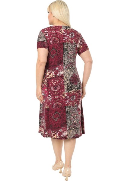 Butik Bordo Etnik Desen Kısa Kollu Büyük Beden Midi Elbise indirimleri