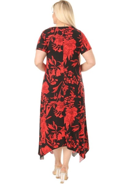 Butik Kırmızı Palmiye Desen Asimetrik Kısa Kollu Uzun Elbise indirimleri