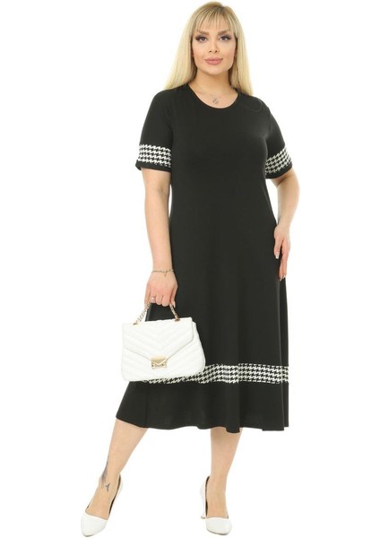 Butik Kazayağı Şerit Detaylı Kadın Büyük Beden Midi Elbise