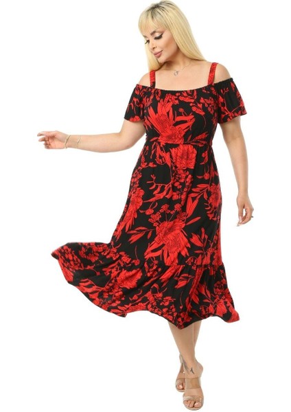 Butik Kırmızı Yaprak Desen Askılı Madonna Yaka Midi Elbise fiyatları