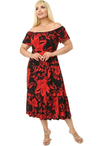 Butik Kırmızı Yaprak Desen Askılı Madonna Yaka Midi Elbise fırsatları