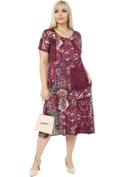 Butik Bordo Etnik Kuplu Cepli Kısa Kol Kadın Midi Elbise