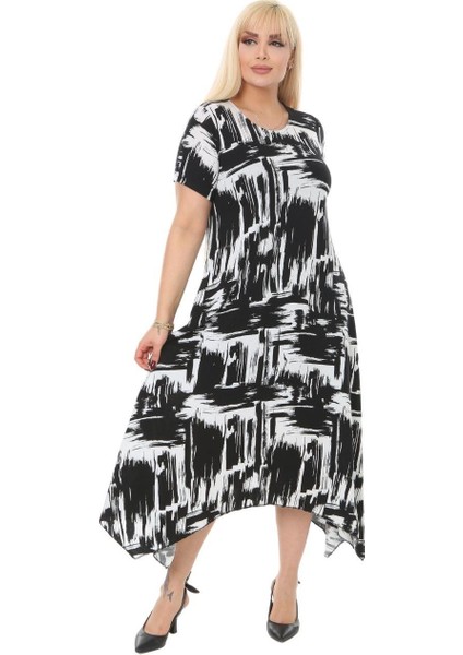 Butik Fırça Desen Asimetrik Kısa Kollu Uzun Elbise