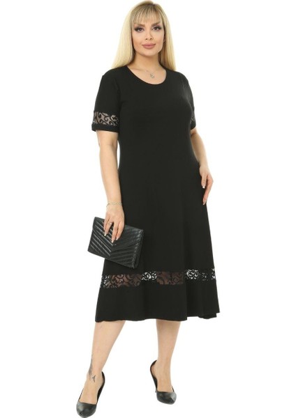 Butik Dantel Detaylı Siyah Kadın Büyük Beden Midi Elbise