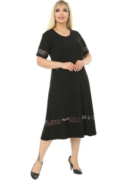 Butik Dantel Detaylı Siyah Kadın Büyük Beden Midi Elbise modelleri
