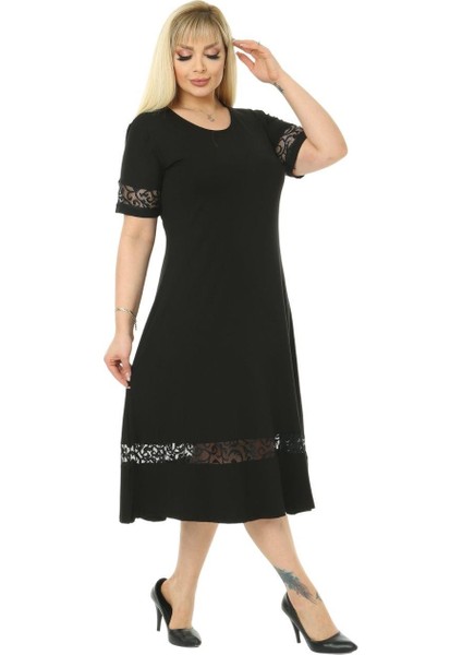 Butik Dantel Detaylı Siyah Kadın Büyük Beden Midi Elbise fırsatları