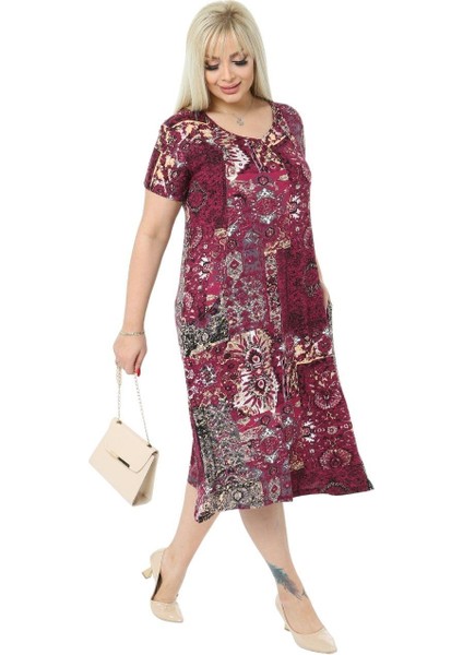 Butik Bordo Etnik Kuplu Cepli Kısa Kol Kadın Midi Elbise