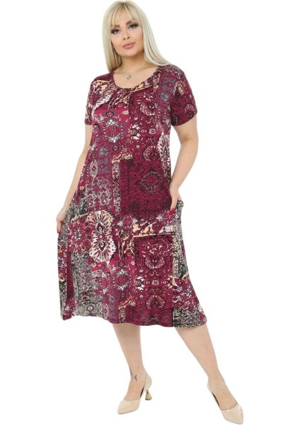 Butik Bordo Etnik Kuplu Cepli Kısa Kol Kadın Midi Elbise