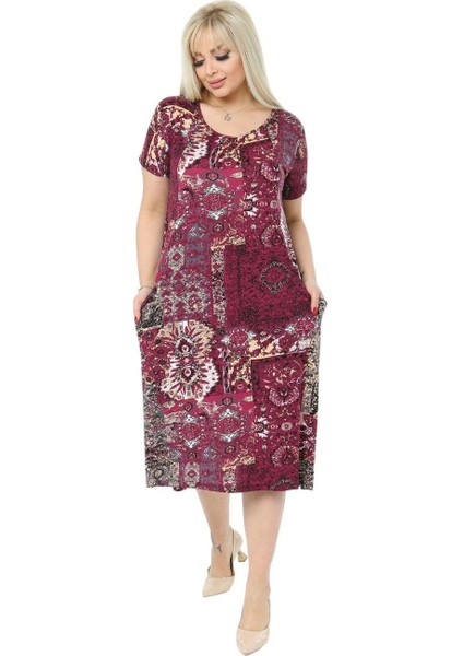 Butik Bordo Etnik Kuplu Cepli Kısa Kol Kadın Midi Elbise
