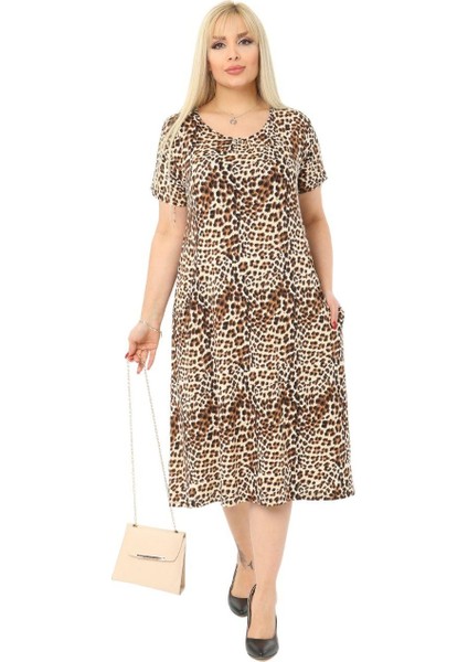 Butik Küçük Leopar Desen Cepli Kısa Kol Kadın Midi Elbise