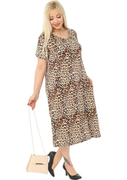 Butik Küçük Leopar Desen Cepli Kısa Kol Kadın Midi Elbise fiyatları