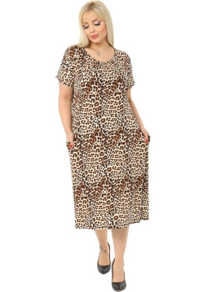 Butik Küçük Leopar Desen Cepli Kısa Kol Kadın Midi Elbise modelleri