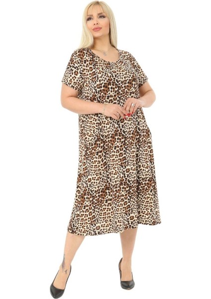 Butik Küçük Leopar Desen Cepli Kısa Kol Kadın Midi Elbise fırsatları